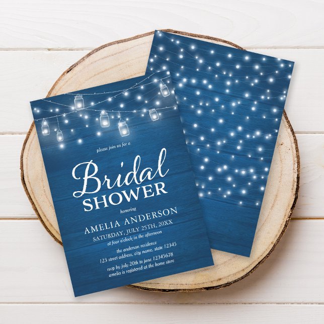 Rustic Wood Mason Jars Lights Blue Bridal Shower Invitation (Creator Uploaded)