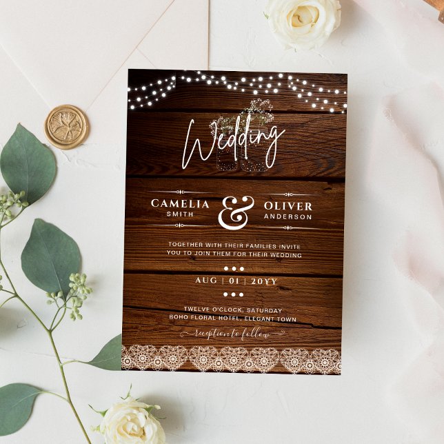 Rustic Wood Mason Jars Lights Gypsophila Wedding Flyer (Creator Uploaded)