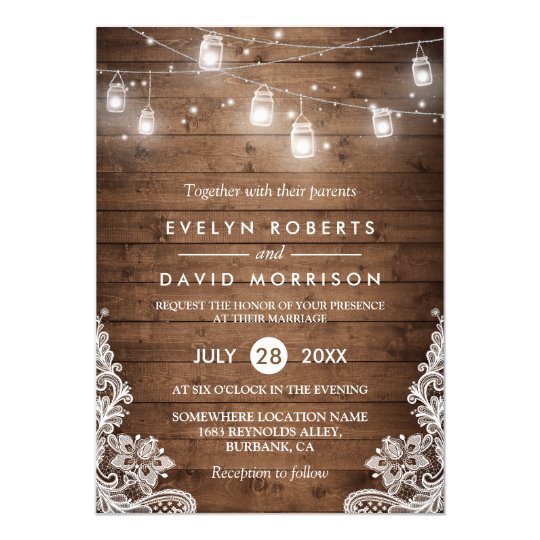Rustic Wood Mason Jars String Lights Lace Wedding Card Rustic Wood Mason Jars String Lights Lace Wedding Card