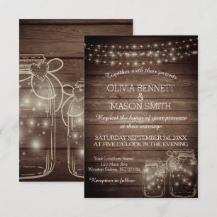 Rustic Wood Mason Jars String Lights Lace Wedding Invitation