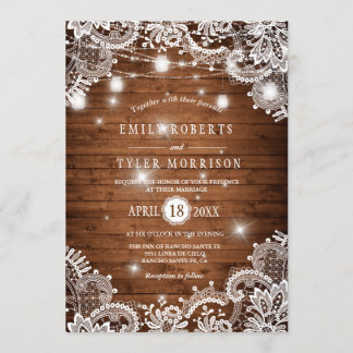 Rustic Wood Mason Jars String Lights Lace Wedding Invitation