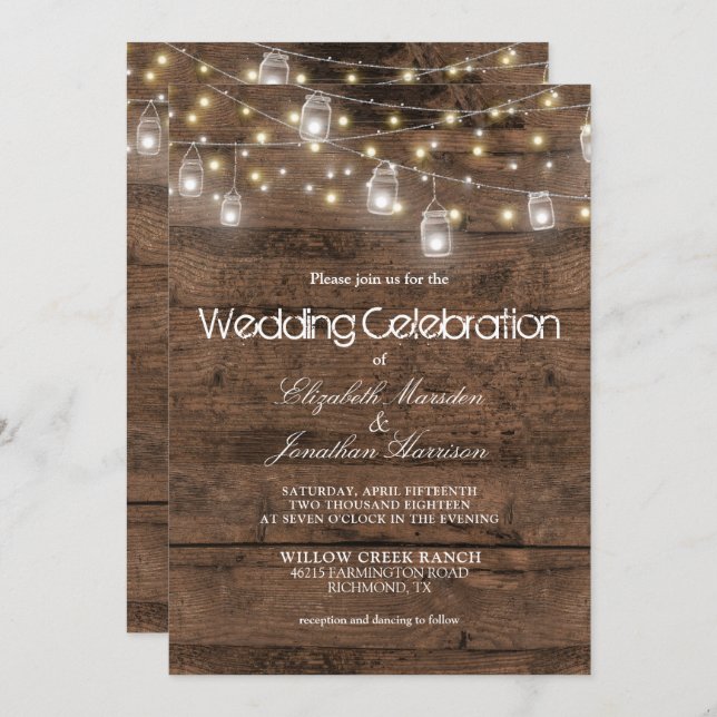 Rustic Wood Mason Jars String Lights Wedding Invitation (Front/Back)