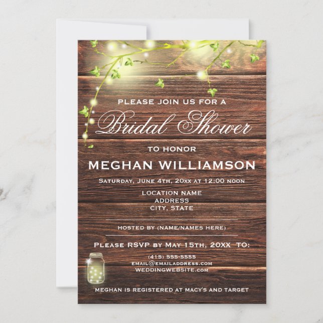 Rustic Wood Mason Lights Bridal Shower Invitation (Front)