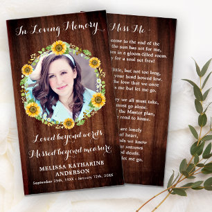 Rustic Wood Memorial Sunflower Funeral Prayer Card