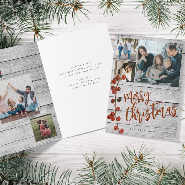 Rustic wood Merry Christmas 6 photo folded Holiday Card (Creator Uploaded)