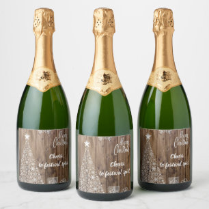 Rustic Wood Merry Christmas Cheers Sparkling Wine Label