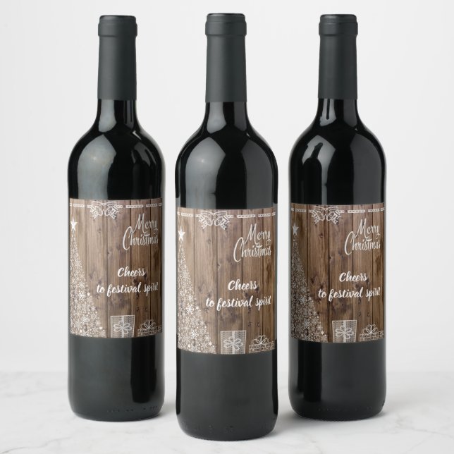 Rustic Wood Merry Christmas Cheers Wine Label (Bottles)