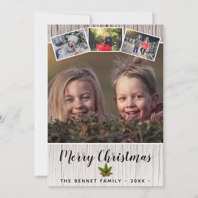 Rustic Wood Merry Christmas Family 4 Photo Collage Holiday Card (Front)