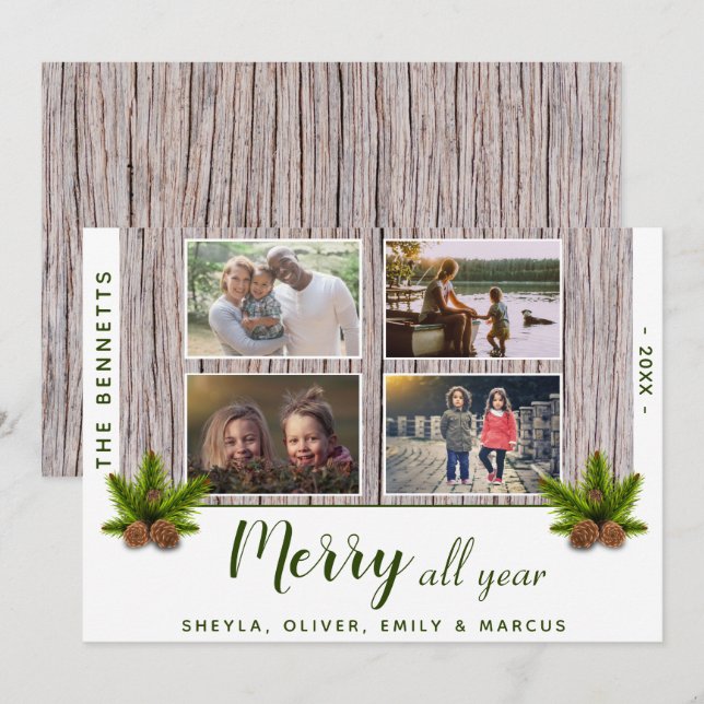 Rustic Wood Merry Christmas Family 4 Photo Collage Holiday Card (Front/Back)
