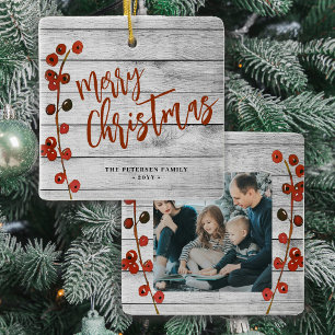 Rustic wood Merry Christmas family photo keepsake Ceramic Ornament