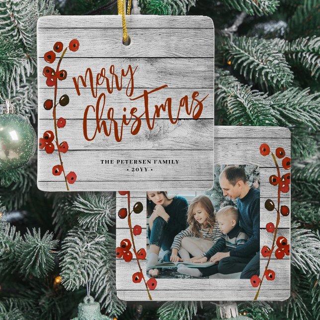 Rustic wood Merry Christmas family photo keepsake Ceramic Ornament (Creator Uploaded)