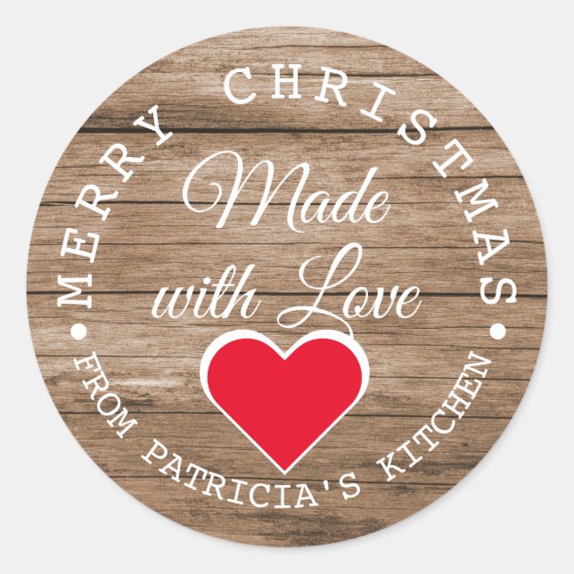 Rustic Wood Merry Christmas Made With Love Classic Round Sticker (Front)