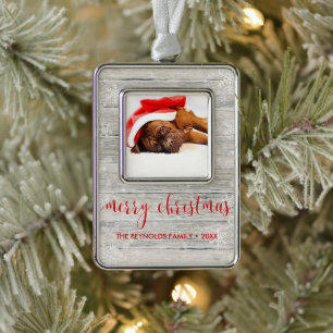Rustic Wood Merry Christmas Photo Framed Ornament