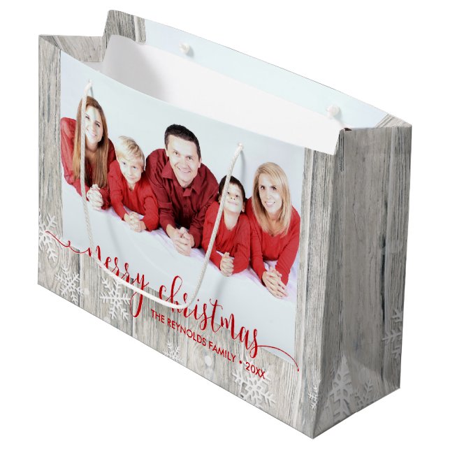 Rustic Wood Merry Christmas Photo - Large Gift Bag (Front Angled)