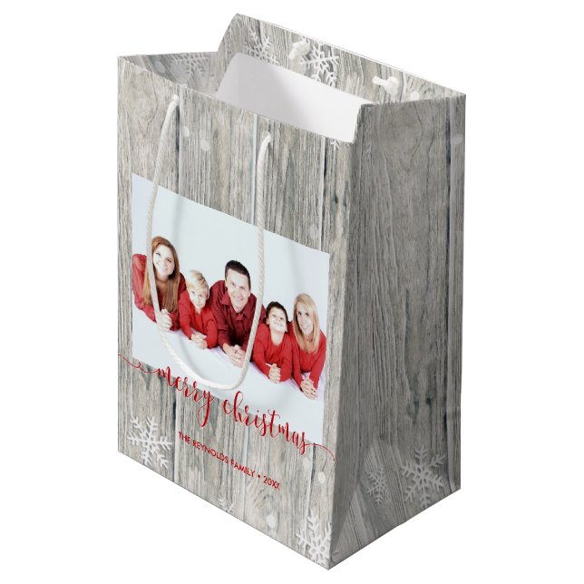 Rustic Wood Merry Christmas Photo Medium Gift Bag (Front Angled)