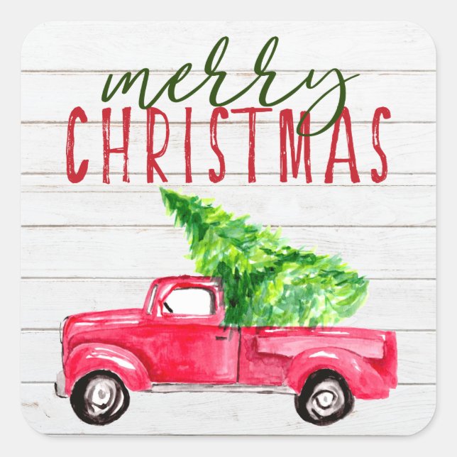 Rustic Wood Merry Christmas Red Truck Farmhouse Square Sticker (Front)