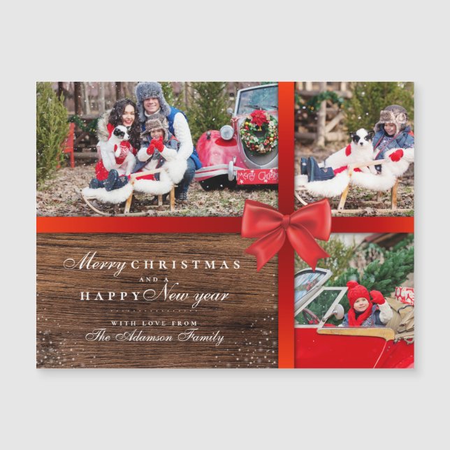 Rustic Wood Merry Christmas Ribbon 3 Photo Collage (Front)