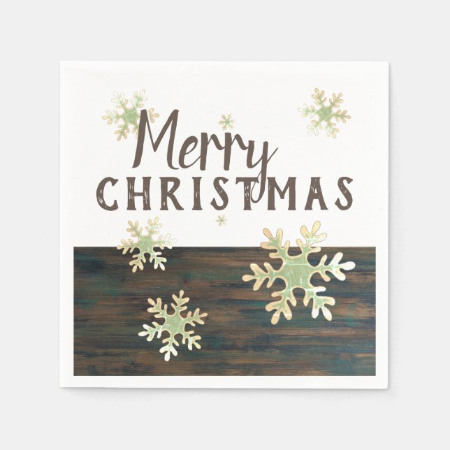 Rustic Wood Merry Christmas Snowflake Holidays Napkin (Front)