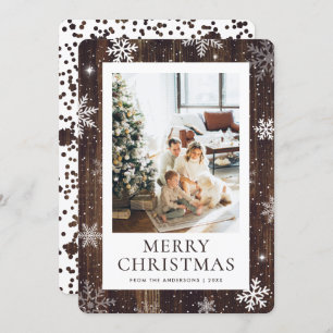 Rustic Wood Merry Christmas Snowflake Snow Photo Holiday Card