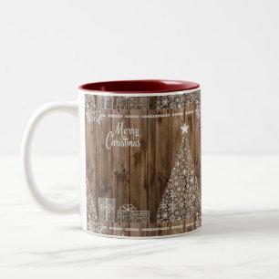 Rustic Wood Merry Christmas Snowflake Two-Tone Coffee Mug