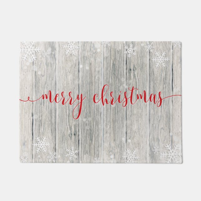 Rustic Wood Merry Christmas Snowflakes - Doormat (Front)