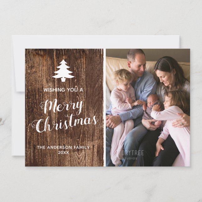 Rustic Wood | Merry Christmas Vertical Photo Holiday Card (Front)