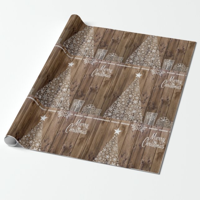 Rustic Wood Merry Christmas Wrapping Paper (Unrolled)
