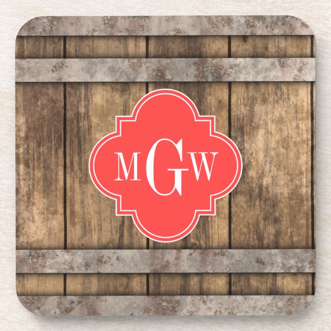 Rustic Wood Metal Band Coral Quatrefoil 3 Monogram Coaster (Front)