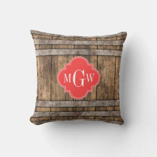 Rustic Wood Metal Band Coral Quatrefoil 3 Monogram Cushion