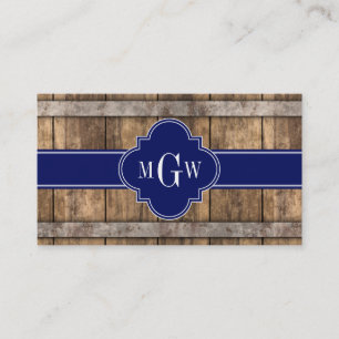 Rustic Wood Metal Band Navy Quatrefoil 3 Monogram Business Card