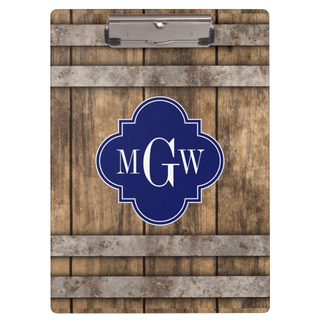 Rustic Wood Metal Band Navy Quatrefoil 3 Monogram Clipboard (Front)