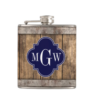 Rustic Wood Metal Band Navy Quatrefoil 3 Monogram Hip Flask
