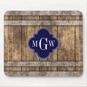 Rustic Wood Metal Band Navy Quatrefoil 3 Monogram Mouse Mat