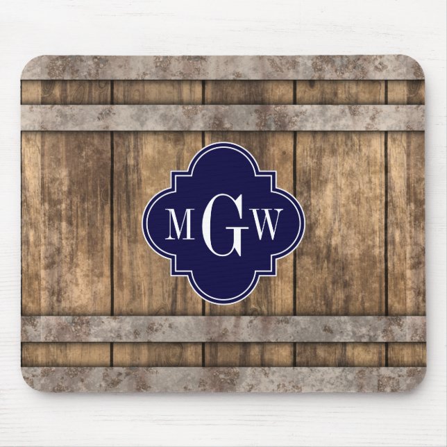 Rustic Wood Metal Band Navy Quatrefoil 3 Monogram Mouse Mat (Front)