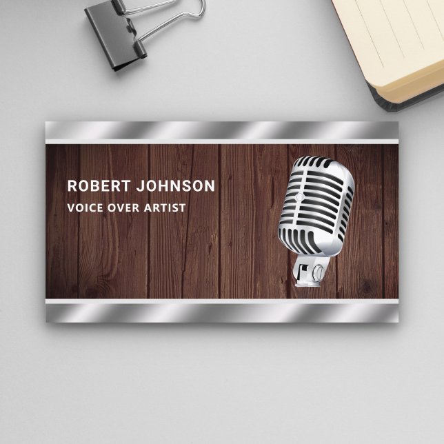 Rustic Wood Metallic Microphone Voice Over Artist Business Card (Creator Uploaded)