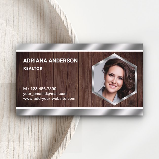 Rustic Wood Metallic Real Estate Photo Realtor Business Card (Creator Uploaded)
