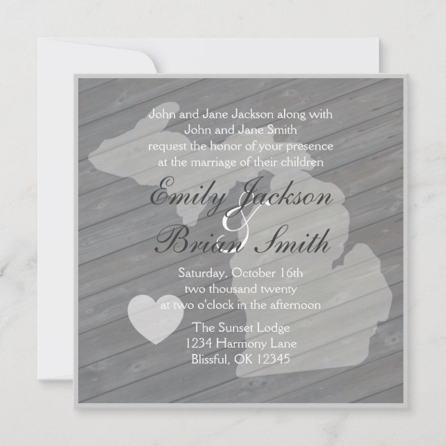 Rustic wood Michigan grey wedding invitations (Front)