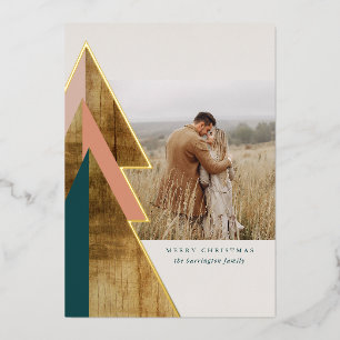 Rustic Wood Minimal Christmas Tree Photo Foil Holiday Card