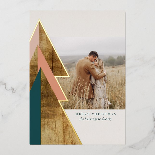 Rustic Wood Minimal Christmas Tree Photo Foil Holiday Card (Front)