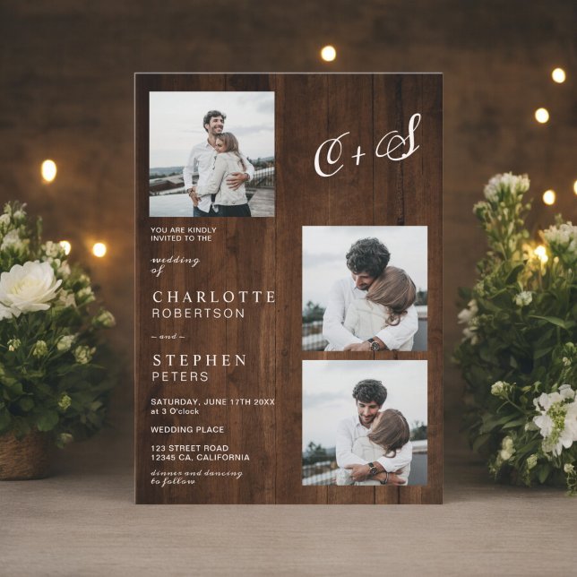 Rustic wood minimalist initials 4 photos wedding invitation (Rustic wood minimalist initials 4 photos wedding invitation)