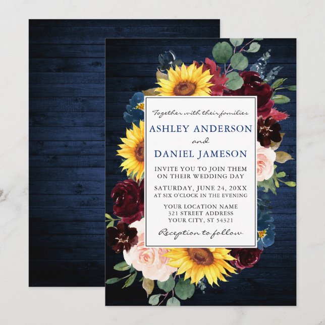 Rustic Wood Mixed Floral Frame Blue Wedding Invitation (Front/Back)