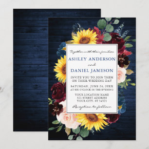 Rustic Wood Mixed Floral Frame Blue Wedding Invitation