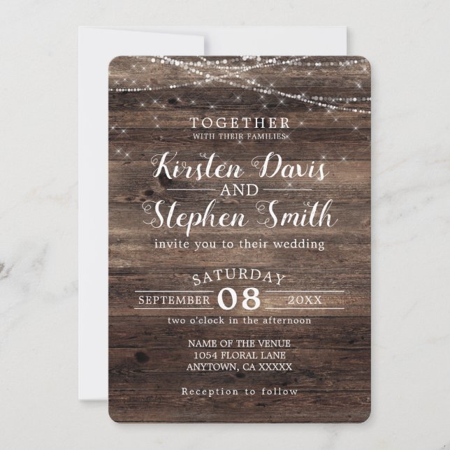 Rustic Wood Modern Country String Lights Wedding Invitation (Front)