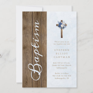 Rustic Wood Modern Elegant Script Blue Baptism Invitation