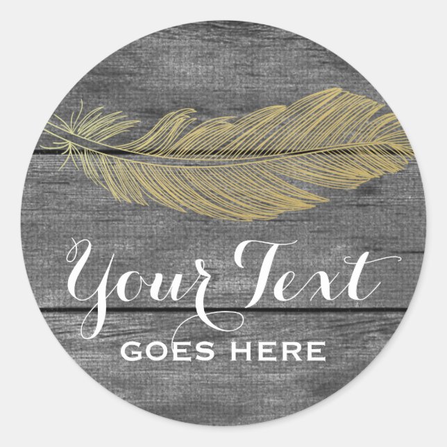 Rustic Wood & Modern Gold Feather Bohemian Chic Classic Round Sticker (Front)