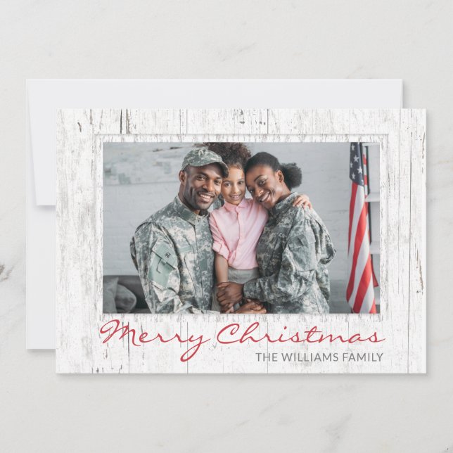Rustic Wood Modern Script Military Family Photo Holiday Card (Front)