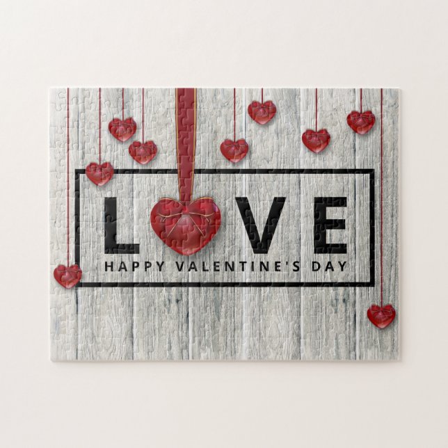Rustic Wood Modern Valentine's Day LOVE Red Hearts Jigsaw Puzzle (Horizontal)