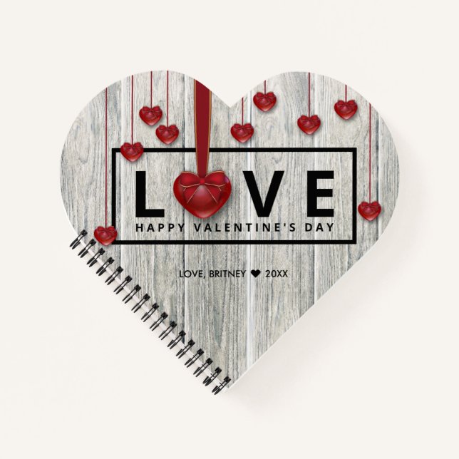 Rustic Wood Modern Valentine's Day LOVE Red Hearts Notebook (Front)