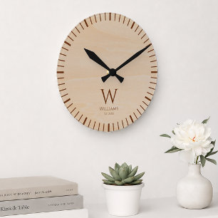 Rustic Wood Monogram Brown Initial and Custom Name Round Clock