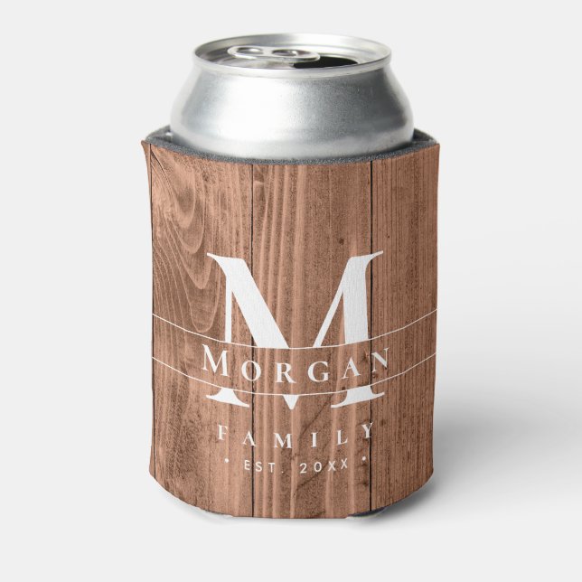 Rustic Wood Monogram Custom Last Name favour  Can Cooler (Can Back)